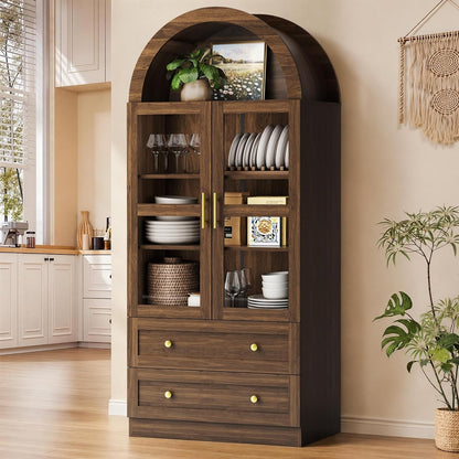 Pamapic Arched Kitchen Pantry Cabinet, 71" Tall Arched Cabinet with Acrylic Doors, Farmhouse Kitchen Storage Cabinet with 2 Large Drawers, Wooden Pantry for Dining Room, Living Room (Brown)