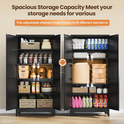 Yizosh Metal Pantry Cabinet, 75" Kitchen Pantry with 2 Door and 4 Adjustable Shelves,Black Metal Pantry Storage Cabinet,Cupboard for Kitchen,Dining Room,Living Room and Bathroom