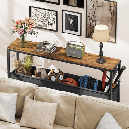 Asgolion Narrow Console Table, 47.2" Long Entryway Table with Storage Basket, Hallway Table, Mordern Industrial Sofa Tables for Living Room, Bedroom, Foyer, Office, Anti-tip Kit, Rustic Brown
