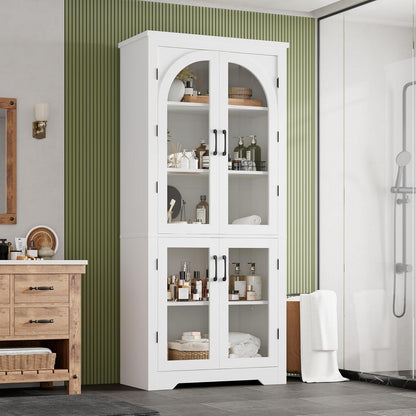 Garvee 70" Tall Kitchen Pantry Cabinet - Modern Display Cabinet with 4 Arched Glass Doors and Adjustable Shelves, Versatile Cupboard Organizers for Kitchen, Dining Room, Living Room, Bathroom, White