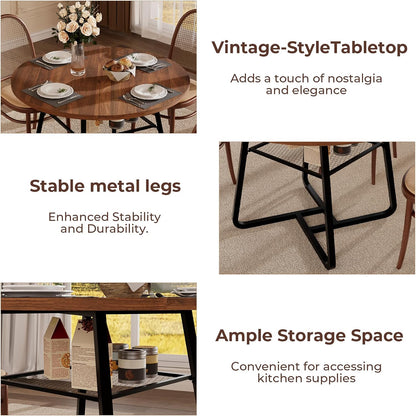 Round Dining Table for 4 People, 43.3 Inches Dining Room Table with Metal Base, Walnut Brown Dinner Tables with Open Storage, Circle Kitchen Tables for Dining Room(Table Only) (Walnut Brown)
