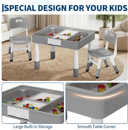 4-in-1 Kids Activity Table Set with 2 Adjustable Toddler Chairs, Double-Sided Reversible Building Block & Graffiti Drawing Tabletop, for Reading, Drawing, Dining & Block Play, Gift for Kids
