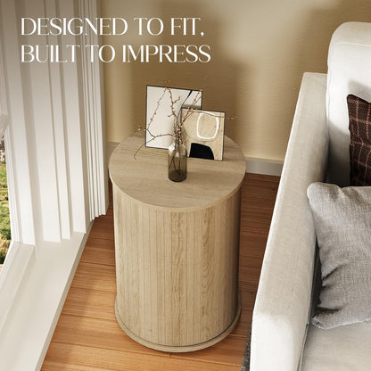 Round Fluted End Table for Living Room, Modern Wooden Sofa Couch Side Table for Small Spaces, 21.9" H Nightstand Set of 2 for Bedroom (Oslo Oak)