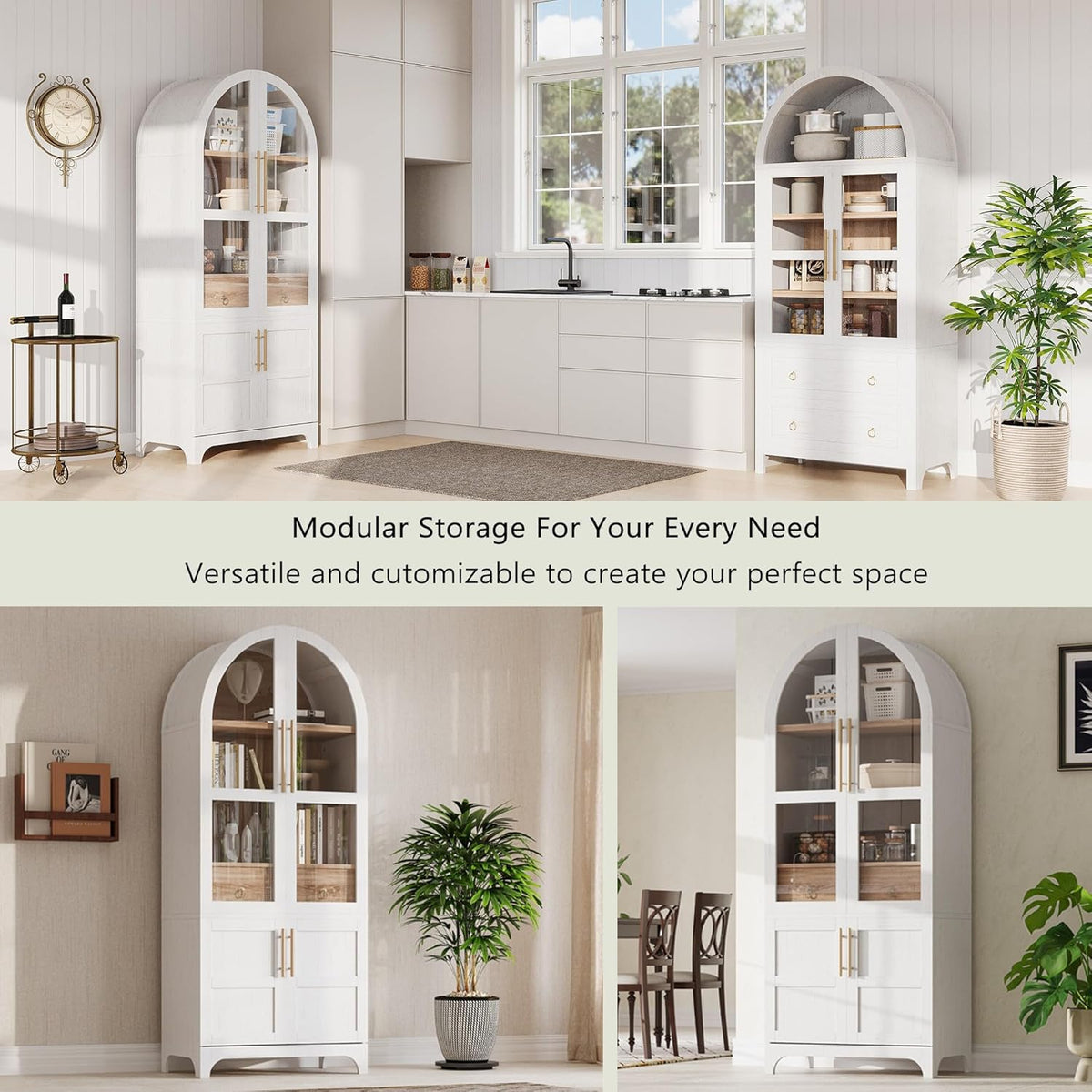 71" Farmhouse Tall Arched Kitchen Pantry Cabinet with Adjustable Shelves and Hidden Drawer, Anti-Tipping Storage Cupboard with Glass Door for Kitchen, Dining Room (White)