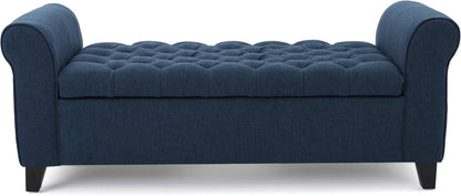 ‎GDF Studio Keiko Fabric Armed Storage Bench, Dark Blue, Dimensions: 19.75”D x 50.00”W x 20.5”H