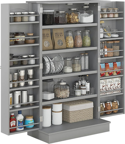 41" Paper Gray Kitchen Pantry Cabinet Freestanding Vertical Cupboard with Double Doors 5-Tier Interior Shelves & 12 Door Racks Adjustable Storage