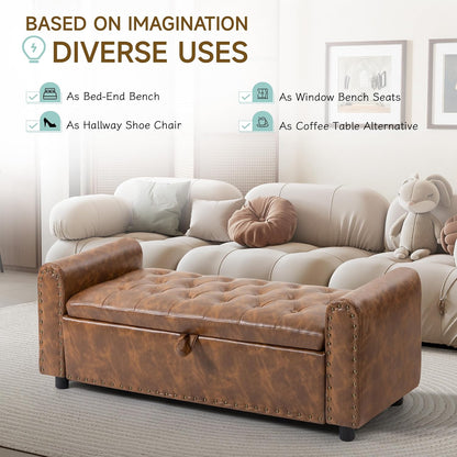 Ottoman with Storage, Tufted Storage Bench for Bedroom, 48" PU Leather End of Bed Bench, Upholstered Entryway Shoe Benches with Rolled Arm & Inner Zipper, Window Ottomans Chest with Rivets, Brown