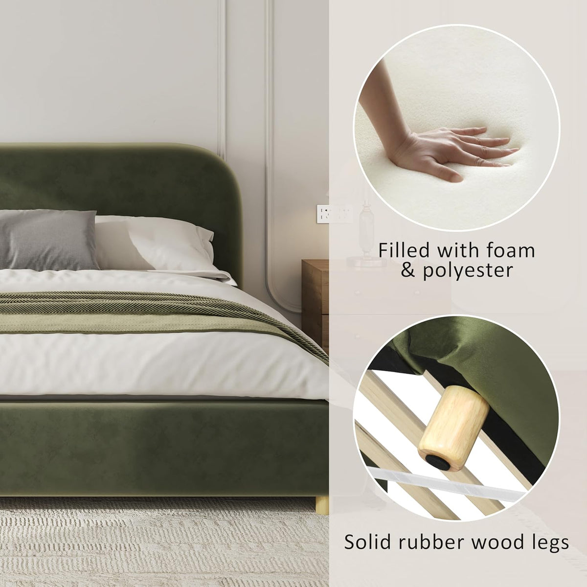 Virubi California King Size Upholstered Bed Frame with Curve Shaped Headboard, Modern Upholstered Platform Bed with Solid Wood Legs, Easy Assembly (California King,Olive Green)