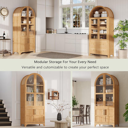 71" Tall Farmhouse Arched Pantry Cabinet with 4 Door Shelves, Adjustable Storage & Hidden Drawer - Rustic Kitchen Cupboard with Glass Door, Dining Room Organization (30"W x 15.75"D) (Natural)