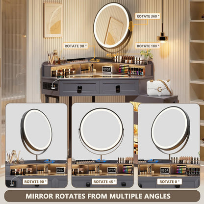 FREDEES Glass Top Makeup Vanity with Mirror and Lights | Corner Makeup Desk with Drawers and Shelves, Vanity Table with Charging Station and Stool for Bedroom/Cloakroom
