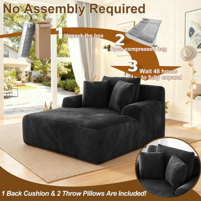 Avenix 66" Oversized Chaise Lounge Chair Indoor, Cloud Corduroy Reading Chair Deep Seat Sofa Couch Bed with 3 Pillows for Living Room, No Assembly Required, Black