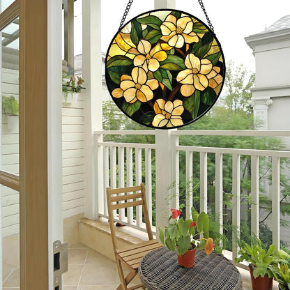 Stained Glass Window Hanging - Yellow Flower Green Leaf Suncatcher for Doors Garden Patio Fall Decor Sun Catchers Christmas Mother's Day Birthday Gifts for Women Men Mom Nana Friend 6.3 in