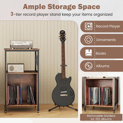 LOKO 3-Tier Rolling Record Player Stand, Mobile Turntable Stand with Power Outlet, Open Shelf & Dividers, Metal Frame, Industrial Vinyl Record Storage Table on Wheels for Living Room, Bedroom