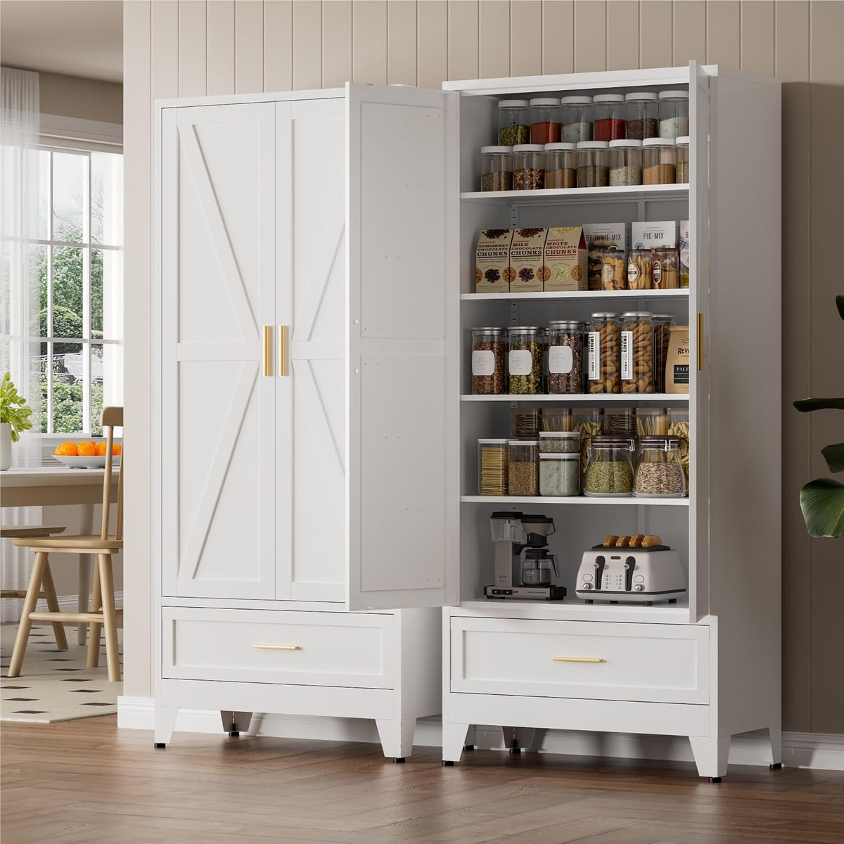 LCAOPC 71" Tall Metal Pantry Storage Cabinet with Drawer and Adjustable Shelves, Freestanding Kitchen Cupboard Storage Cabinet for Kitchen,Dining Room, Living Room, White