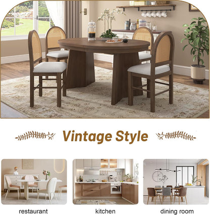 Merax 5-Piece Round Dining Table Set for 4, Extendable Kitchen Table Set with 4 Upholstered Chairs for Dining Room, Kitchen, Small Space, Beige+Walnut