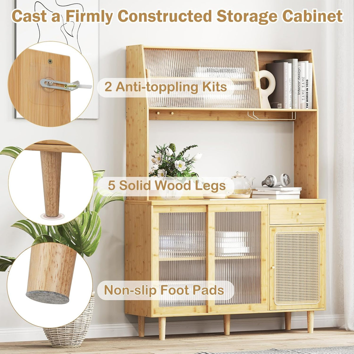 LOKO 69” Tall Bamboo Pantry Cabinet with Hutch, Kitchen Buffet Sideboard with Tempered Glass & PE Rattan Doors, Microwave Shelf, Glass Holder, Floor Cupboard Wine Bar Cabinet, Natural