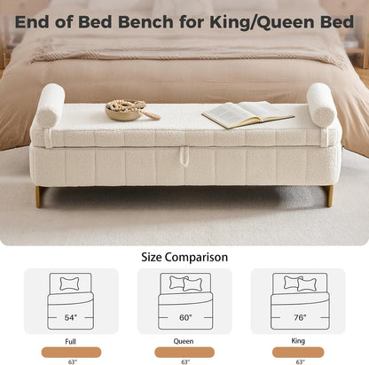 Storage Bench, 63" Ottoman with Storage for Foot of Bed King Size, Modern Upholstered End of Bed Bench with Gold Metal Legs for Bedroom Entryway Hallway, Teddy Beige