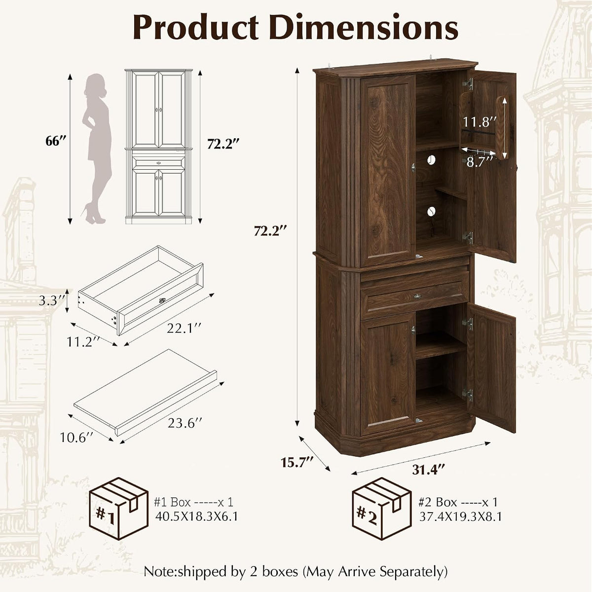 72.2" Tall Kitchen Pantry Cabinet with Doors, Farmhouse Storage Cabinet with Charging Station & LED Light, Drawer, Adjustable Shelves and Pull-Out Shelves, Walnut Wood Pantry Cupboard for Dining Room