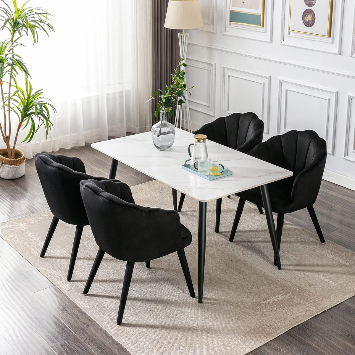 Velvet Dining Chairs Set of 4 Modern Living Room Chairs with Petal Back & Wood Legs Comfy Upholstered Side Chair Accent Chair for Dining Room/Bedroom/Vanity, Black