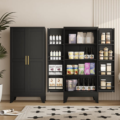 PAOFIN 47" Kitchen Pantry Cabinet, Metal Storage Cabinet with 3 Adjustable Layer Shelves, 8 Door Shelves, Buffet Sideboard for Living Room, Kitchen, Black