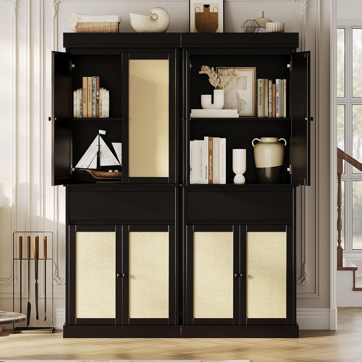 69'' Tall Pantry Cabinet with Rattan Doors, Slim Kitchen Cabinet for Narrow Spaces, Black Wood Storage Shelves with Drawer and Adjustable Shelves for Dining Room