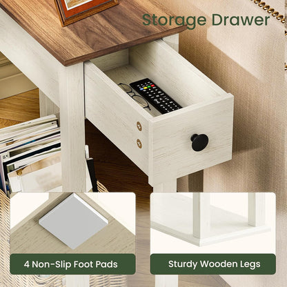 CHOEZON Farmhouse End Table, 2-Tier Narrow Side Table with Drawer, Wooden Nightstand, for Small Space, Living Room, Bedroom, Cloud White and Walnut MBZ13WL