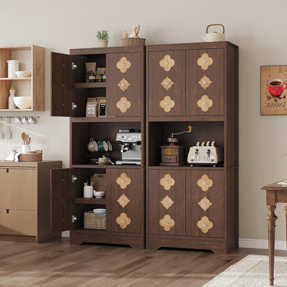 IDEALHOUSE Mid Century Modern Kitchen Pantry Cabinet, 72" Tall Storage Cabinet with Microwave Shelf, Wooden Freestand Cupboard with Carved Flower Door & Crystal Handle, for Dining Room