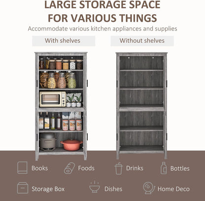 HOMCOM 64" Kitchen Pantry Cabinet, Freestanding Storage Cabinet with 4 Doors and 3 Adjustable Shelves for Dining Room, Gray Oak