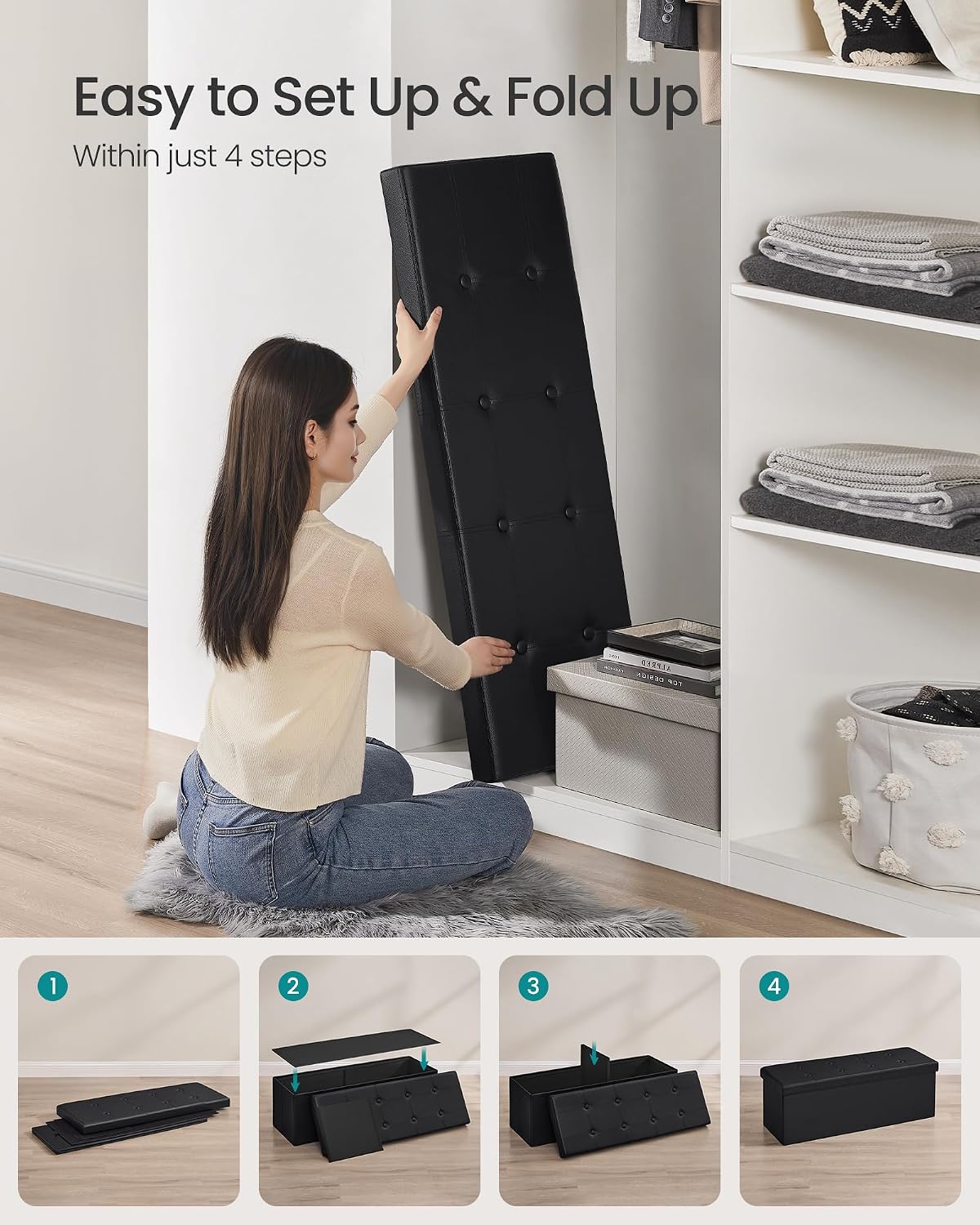 SONGMICS MAZIE Collection - 43 Inches Folding Storage Ottoman Bench, Ottoman with Storage, Foot Rest Stool, Load 660 lb, for Living Room, Synthetic Leather, Black ULSF701