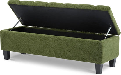 Christopher Knight Home Ottilie Boucle Fabric Storage Ottoman Bench, Wooden Rectangular Ottoman with Storage, Bedroom End of Bed Foot Stool, Entryway Ottoman Footrest, Living Room Extra Seat, Green