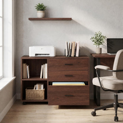 Tribesigns 39 in. Wooden Filing Cabinet with Open Storage Shelves and 3 Drawers,Rolling File Cabinet with Adjustable Hanging Rail,Printer Stand for Home Office (Walnut)