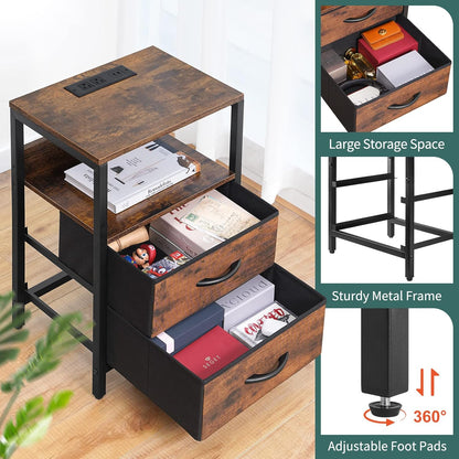 Yoobure Nightstand with Charging Station, Small Night Stand with Fabric Drawers and Storage Shelf for Bedrooms, Small Spaces, Bedside Table with USB Ports & Outlets