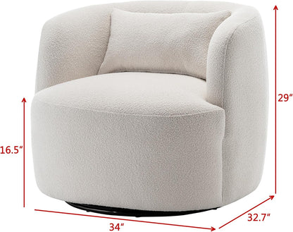 KINWELL 34" W Sherpa Swivel Barrel Accent Chair with Pillow, Cream