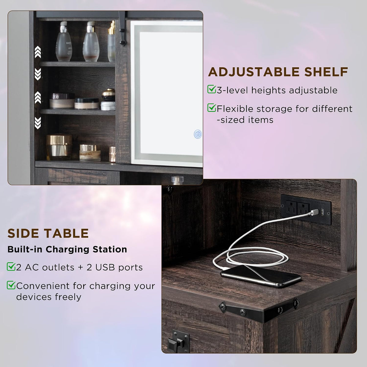 T4TREAM 48'' Farmhouse Makeup Vanity Desk with Sliding HD Mirror and Lights, Big Modern Lighted Vanity Table with 7 Drawers & Shelves, Rustic Large Dressing Table for Bedroom, Dark Rustic Oak