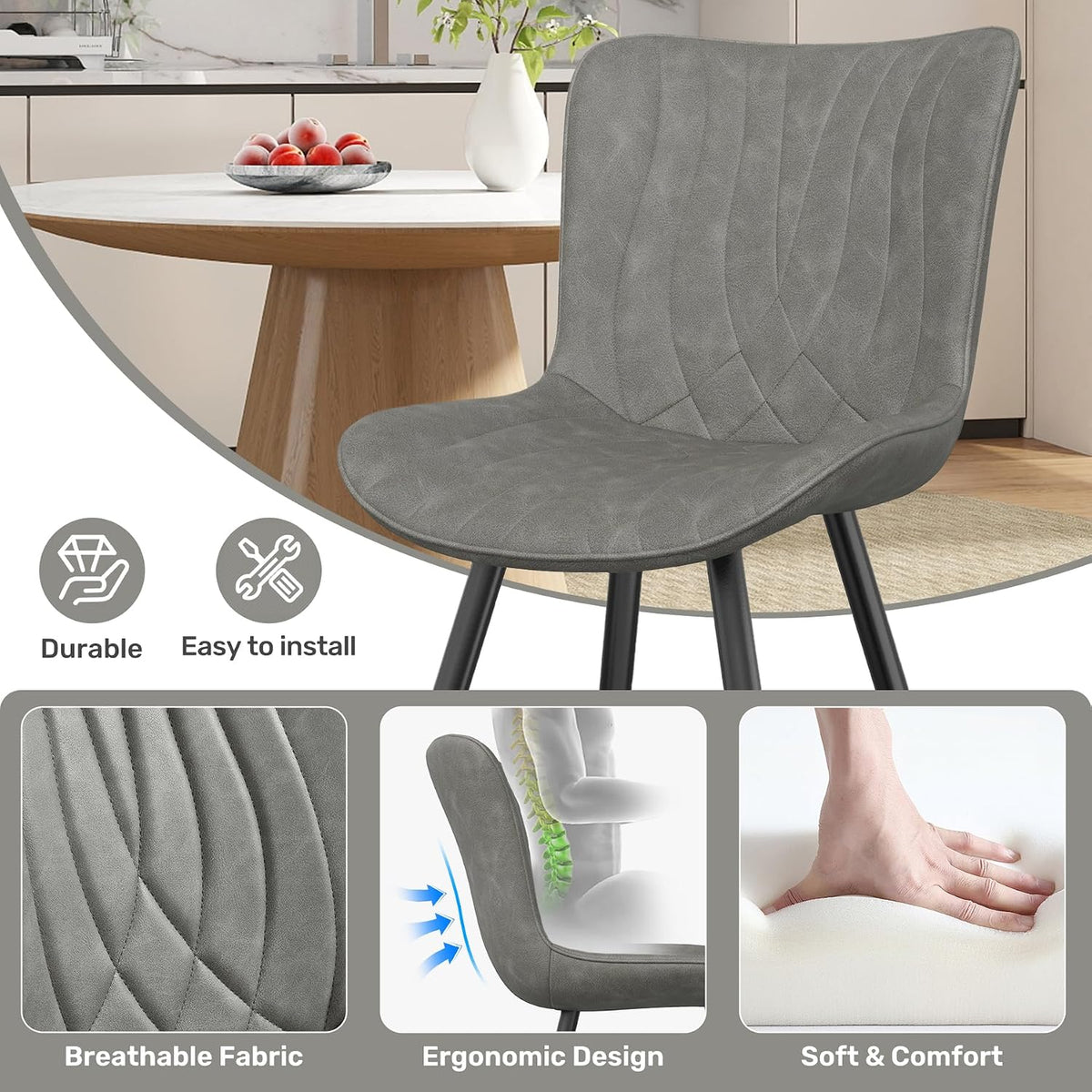 Dining Chair Set of 4 PU Leather Dining Room Chairs Upholstered Comfy Dining Chairs Modern Kitchen Armless Side Chair with Sturdy Metal Legs,Grey