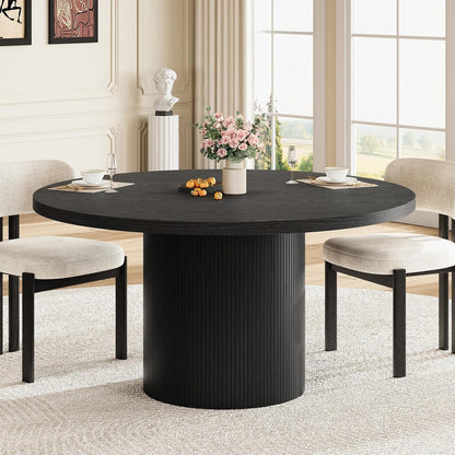 Round Kitchen Dining Table for 4-6 People, 47 inch Mid-Century Circle Dinner Tables, Rustic Wood Base in Fluted Design, Space Saving Dining Room Furniture, Large Table Only for Family Party, Black