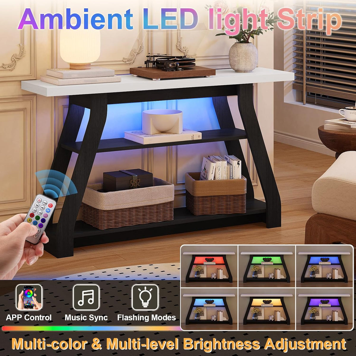 Console Table, 55-Inch Entryway Table with LED Light 3-Tier Narrow Wood Console Tables Behind Couch Sofa Tables for Living Room, Entryway, Hallway (Black+White)
