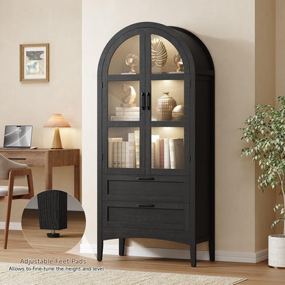 ONBRILL 71" Tall Arched Display Cabinet with LED Lights, Arched Kitchen Pantry with 2 Drawers, Modern Display Storage Cabinets with Adjustable Feet, Pantry Cabinet for Kitchen, Living/Dining Room