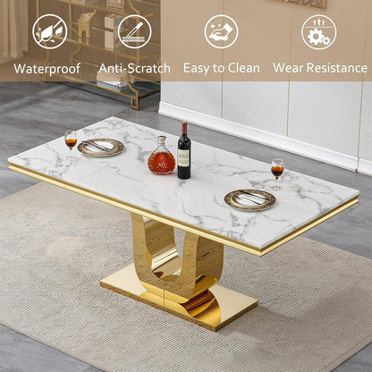 SSLine 68'' Marble Dining Table,Luxury Rectangular Kitchen Dining Room Table,Dining Table for 4-8 People with Gold U-Shape Stainless Steel Base for Kitchen Apartment