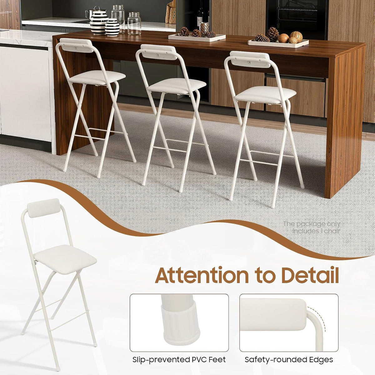 Folding Bar Stool with Backrest, 29.5 Inch Tall Foldable Stool Chair with Leather Padded Seat, Portable Counter Height Collapsible Stool for Kitchen Island Shop Cafe Dining Room, White, 1pcs
