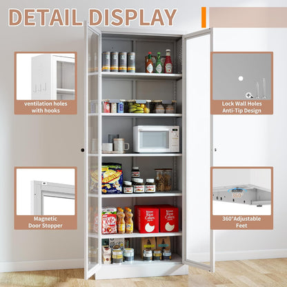 Metal Kitchen Pantry Cabinet – 72" Tall Storage with 5 Adjustable Shelves, White Freestanding Cabinet for Kitchen/Pantry/Bathroom – Heavy Duty Steel Frame, Glass Door
