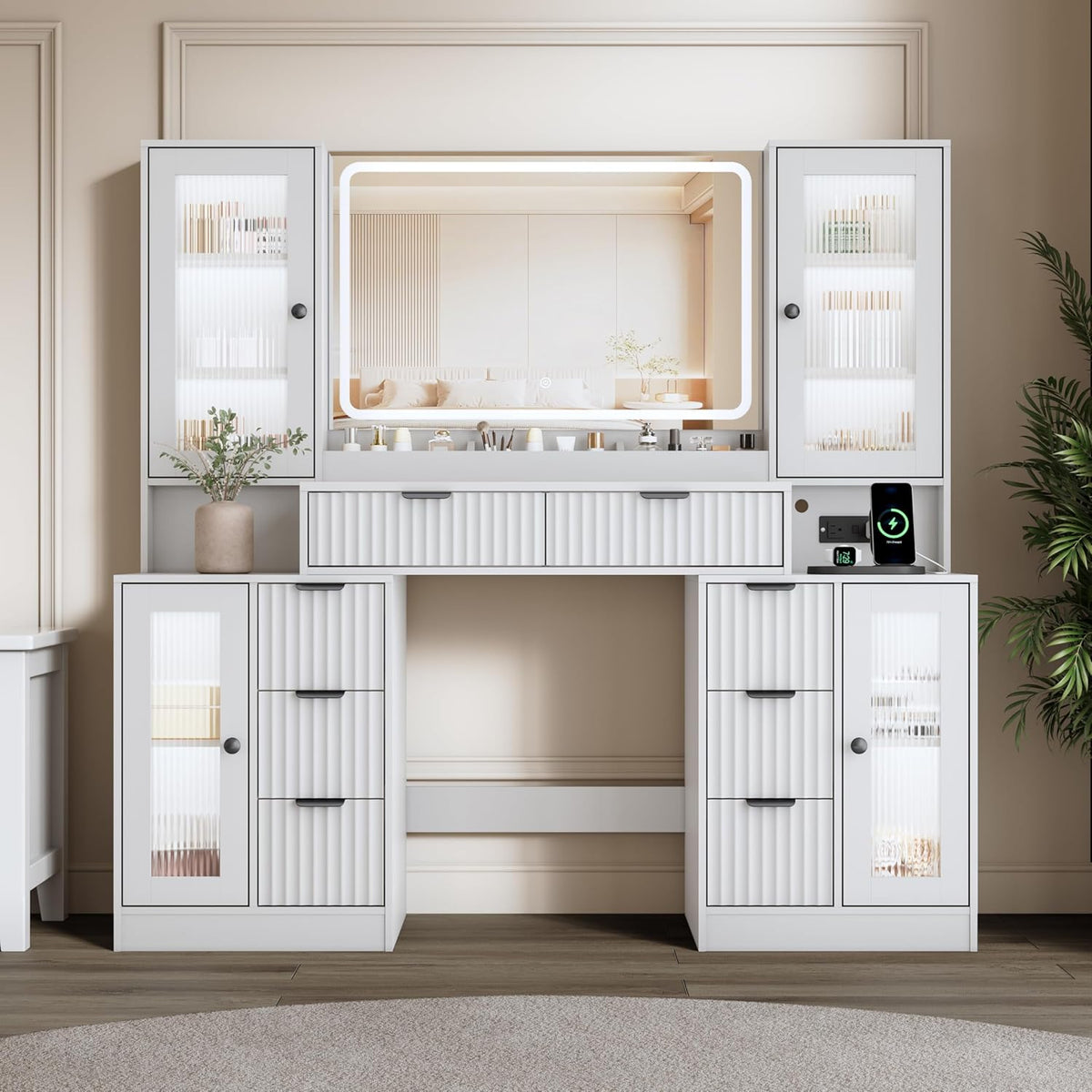 55" Vanity Desk with Mirror & Lights, Fluted Makeup Vanity with 8 Drawers & 4 Cabinets, Tempered Glass Top, RGB Cabinet Lighting, 3-Color Dimmable Mirror, and Charging Station
