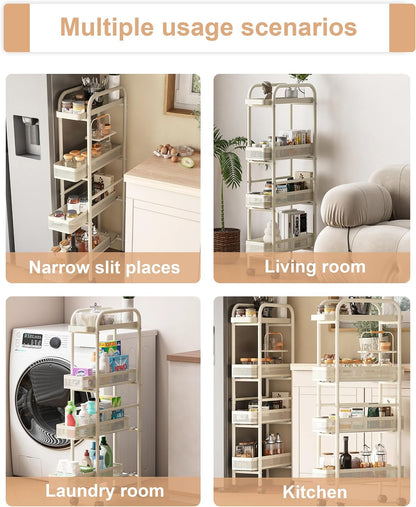 UMDONX 4-Tier Narrow Mobile Storage Cart with Pull-Out Baskets | The Multifunctional Pull-out Storage Rack Is Suitable for Bathrooms, Kitchens, and Laundry Rooms