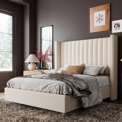 Jocisland Queen Size Bed Frame Velvet Upholstered Wingback Headboard, Cream