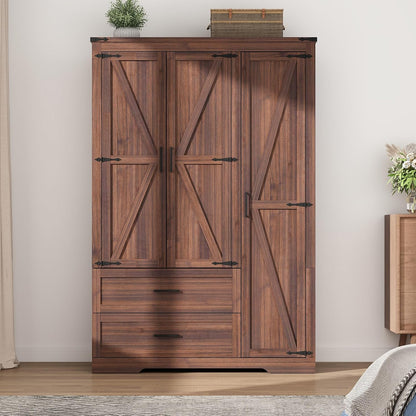 Hlivelood 3 Doors Wardrobe Armoire Closet with Doors and Drawers, Farmhouse Wooden Armoire Storage Cabinet with Shelves & Hanging Rod for Bedroom, Brown