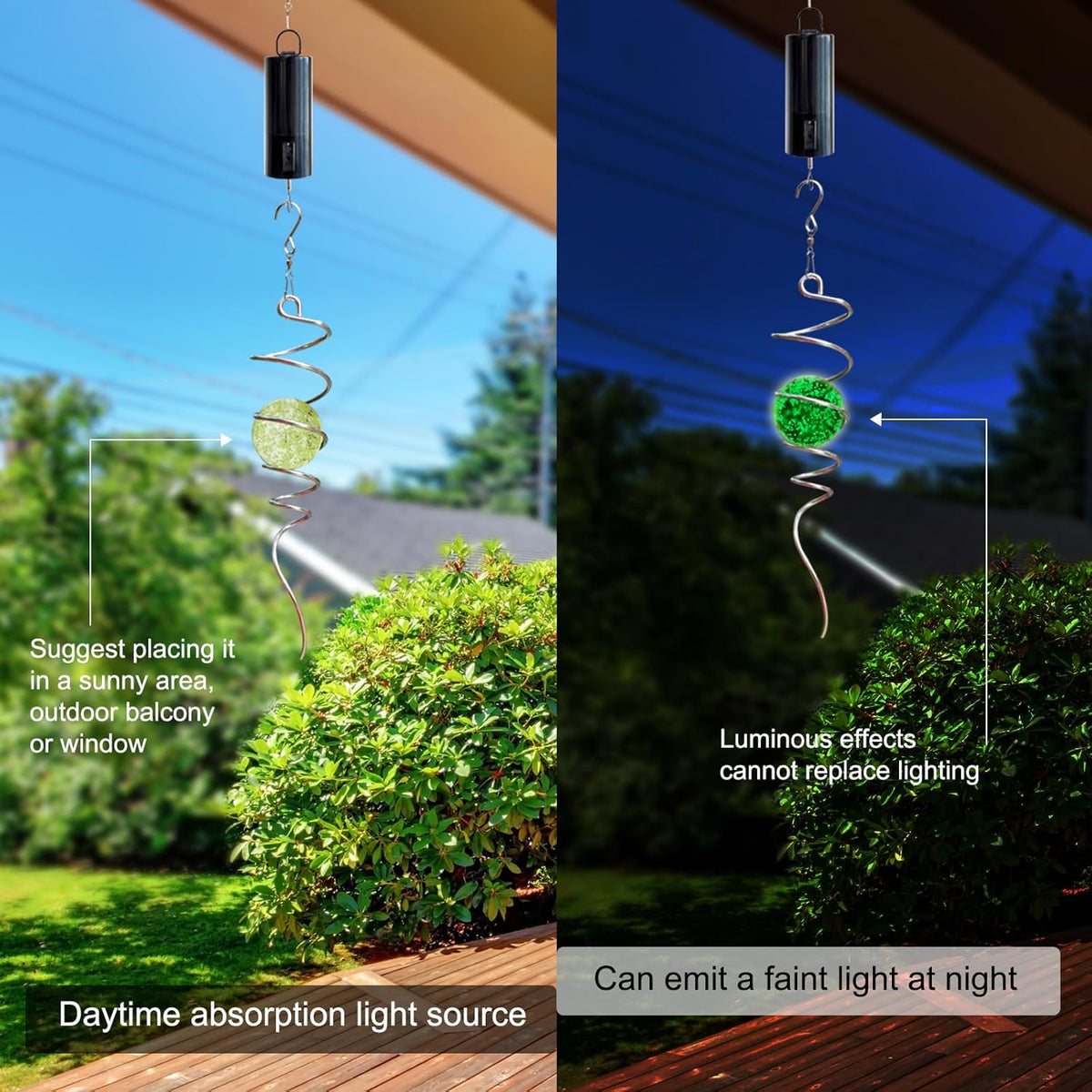 Glow in The Dark Gazing Ball Spiral Tail - Wind Spinner Stabilizer with Glow Glass Ball & Swivel Hook, Hanging Garden Decoration Sun Catcher Rainbow Maker Decor for lndoor Outdoor 13" Height