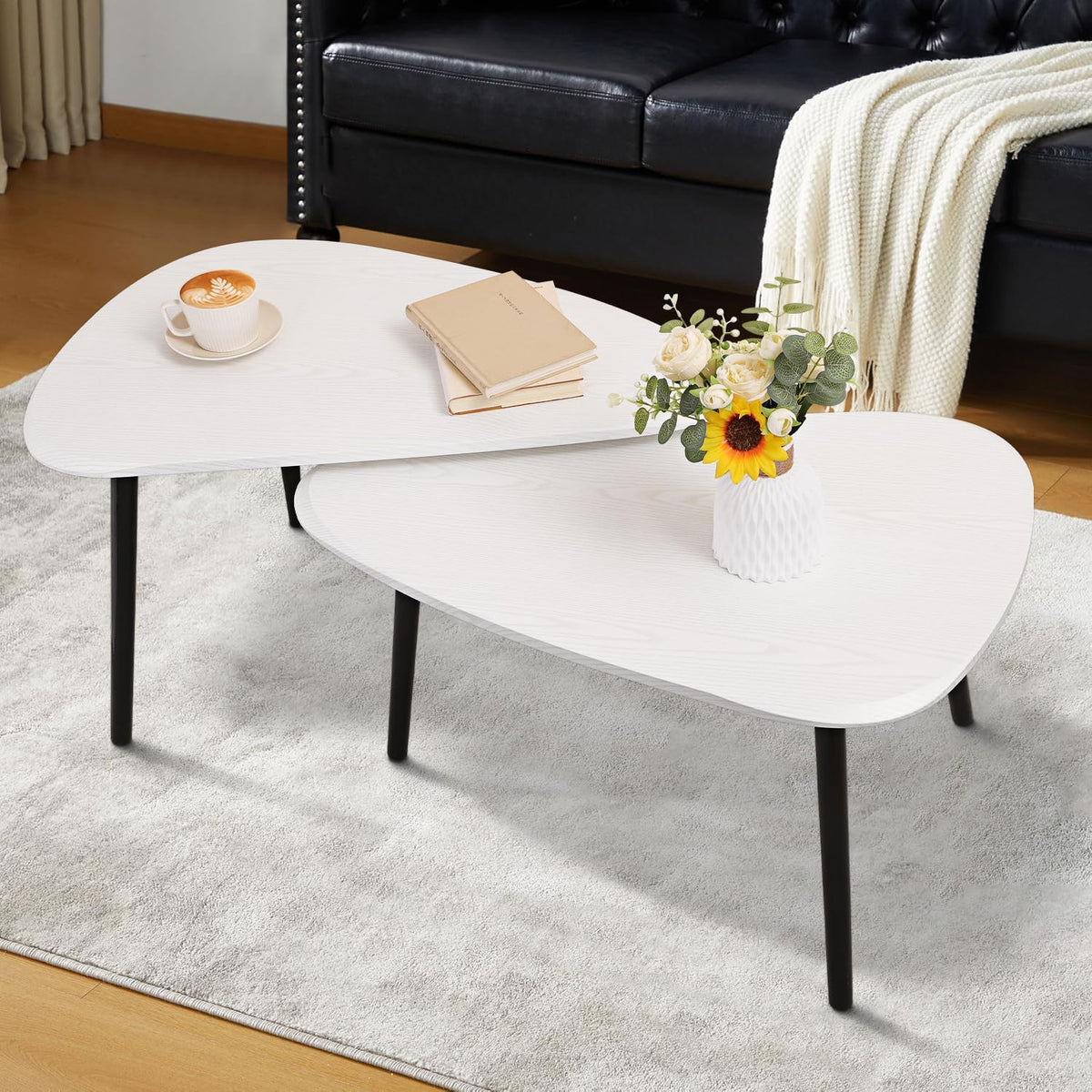 Nesting Triangle Coffee Table End Tables Set of 2 for Living Room Bedroom, Industrial Small Stacking Side Tables for Couch, White