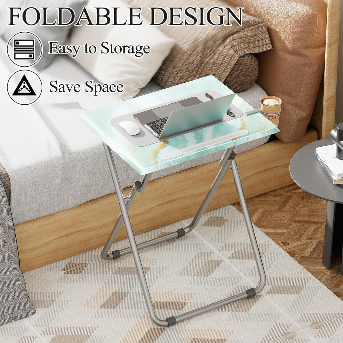 TV Trays Table Set of 4 Portable Folding TV Tray Table TV Dinner Tray with Sturdy MDF, Small Folding Tables with Phone & Tablet Slot, No Assembly Required, 15 x 18.9 x 25.6 in (Sea Blue Marble, 4Pcs)