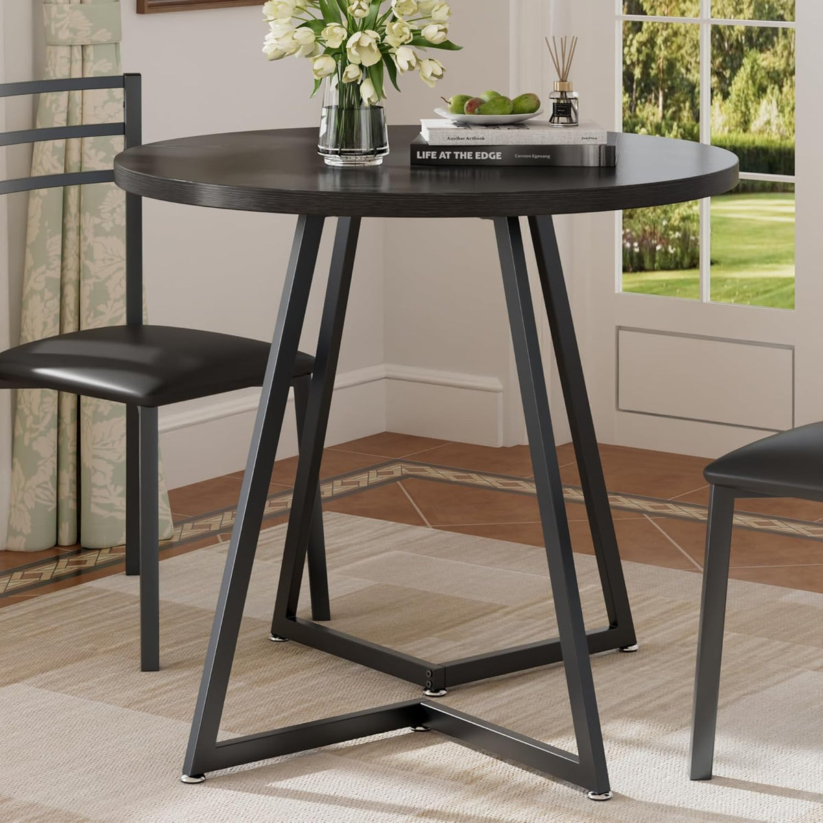 VECELO Round Dining Room Table with Wood Grain Tabletop and Steel Frame, for Kitchen, Living Room, Office, Conference, 2 to 4 Person, Black