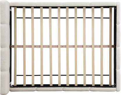 Christopher Knight Home Hazel Queen Size Platform Bed, Boucle Thick Headboard and Footboard, Upholstery Grounded Beds, Block Style, Wood Slat Panel Support, No Spring Box Needed, Easy Assembly, White